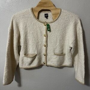 GAP Boucle Cropped‎ Sweater Cardigan Wool Blend Chino Beige Women's Size XL NWT